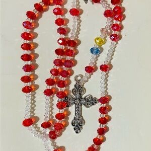 Elegant Handmade Red Crystal and Silver Beaded Rosary Cross Necklace